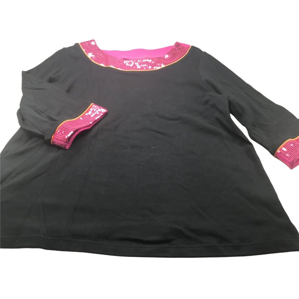 Quaker Factory Women's 1X Top Black Pink Sequins Trim 3/4 Sleeve Preowned